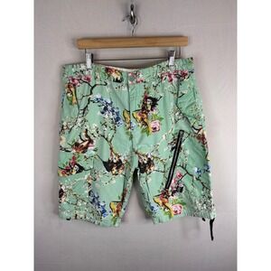 Hustle Gang Men Mint Green Pin Up Floral Graphic Cargo Shorts Size 36 Streetwear